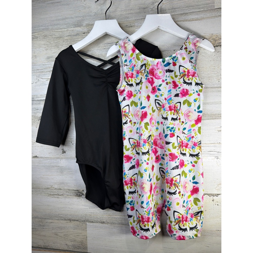 Danskin Leotard & Unicorn Unitard Lot Girls S 6-6X Black Floral Ballet EUC
